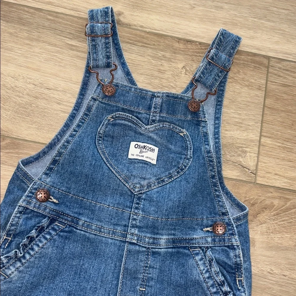 OshKosh B'gosh Denim Bib Overall Girls 2T denim with heart accent ruffle pocket